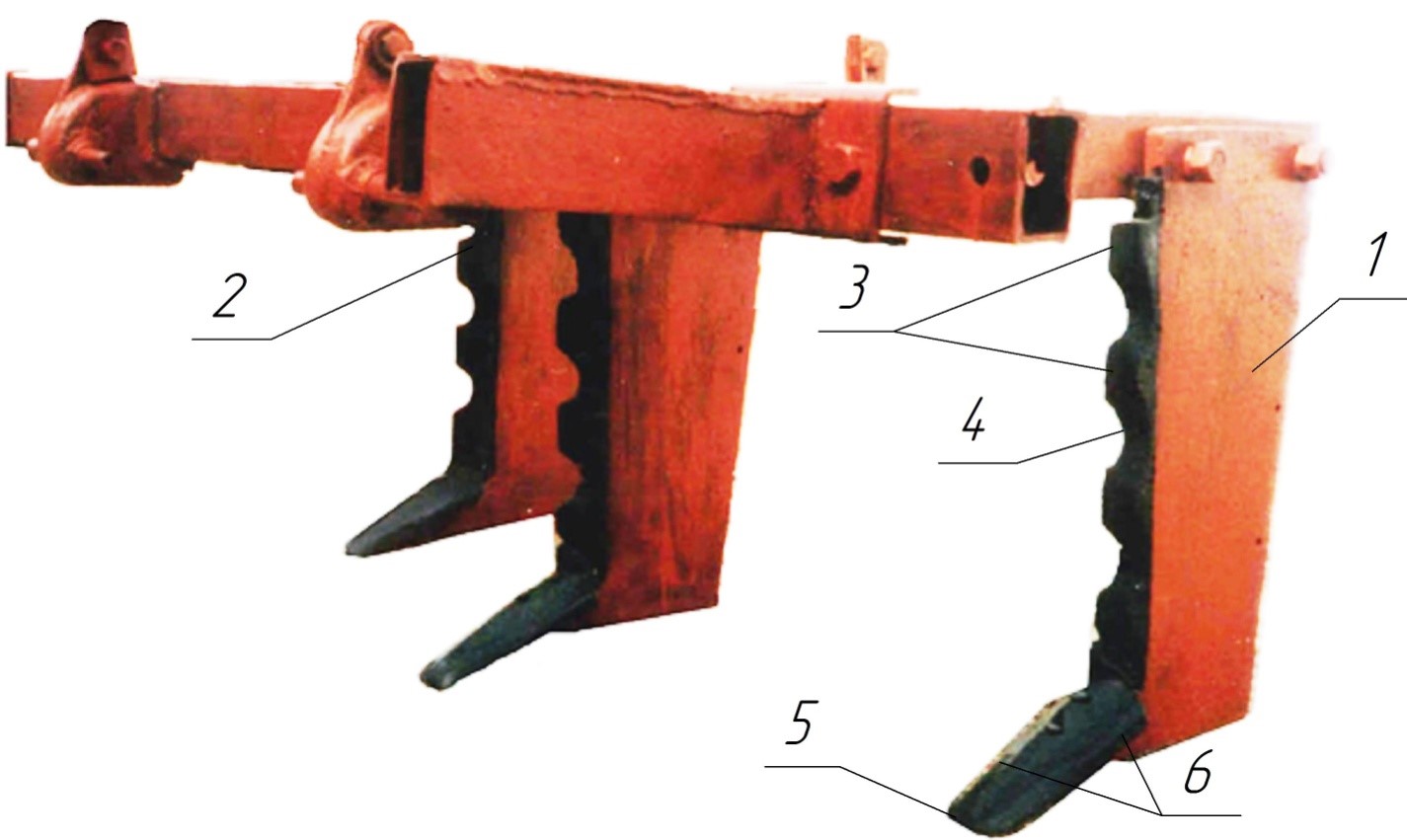 1 – стойка, 2 - зубчатые ножи, 3 - зубцы, 4 - вырезы, 5 - нижняя подрезающая часть, 6 - боковые режущие кромки. Image